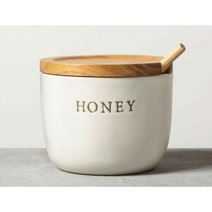 Hearth & Hand Magnolia Honey Pot Jar Stoneware Cellar Acacia Wood Dipper and Lid